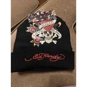 Ed Hardy Embroidered Love Kills Slowly Rhinestone 2 Pack Beanie Black His & Hers